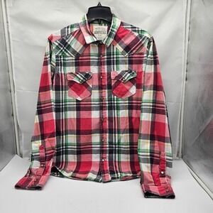 Aeropostale Mens Pearl Snap Shirt Red Green Plaid Western Button Pockets Size L